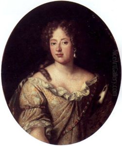 Portrait Of A Lady, Wearing A Low Cut Dress With Gold Brocade, Pearl And Ruby Jewellery And An Ermine Lined Blue Cloak Around Her Shoulder by Pierre Mignard