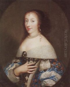 Portrait Of Henrietta Stuart, Wearing A Blue Dress And White Chemise by Pierre Mignard