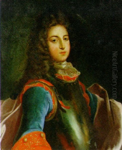 Portrait Of A Gentleman Wearing A Breastplate, A Blue And Red Velvet Coat And A Lace Cravat With A Purple Cloak And Wig - view 1
