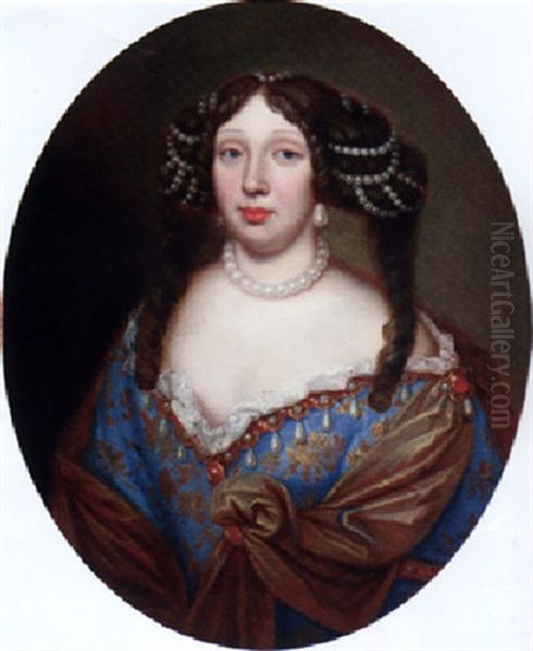Portrait Of Magdalena Sibilla, Herzogin Von Wurttemberg In A Blue Embroidered Dress, With A Pearl Choker And Pearls In Her Hair - view 1