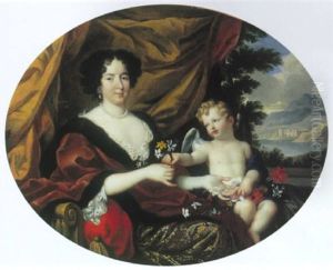 Portraet Af Hjortense Mancini Siddende I Guldbrokadekjole Og Vinrod Pelsbraemmet Kabe, Ved Putto