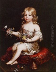 Portrait Of A Young Boy Seated On A Cushion Holding Flowers by Pierre Mignard
