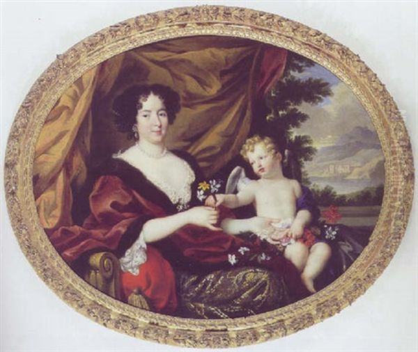 Portraet Af Hortense Mancini Siddende I Guldbrokadekjole Og Vinrod Pelsbraemmet Kabe, Ved Hendes Skod Putto Med Blomster - view 1