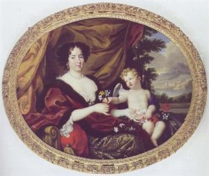Portraet Af Hortense Mancini Siddende I Guldbrokadekjole Og Vinrod Pelsbraemmet Kabe, Ved Hendes Skod Putto Med Blomster