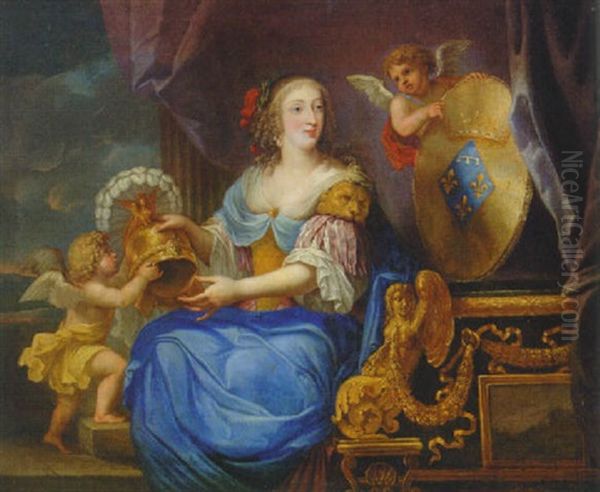 Portrait Of Anne-marie-louise D'orleans, Duchesse De Montpensier, In A Blue Dress With Two Cherubs On A Terrace - view 1