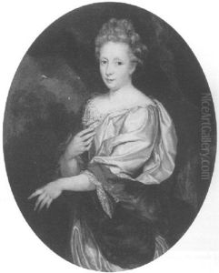 Portrait Of A Lady Wearing A White Silk Dress Trimmed With Lace And A Red Shawl, Standing Beneath A Brown Curtain by Pierre Mignard