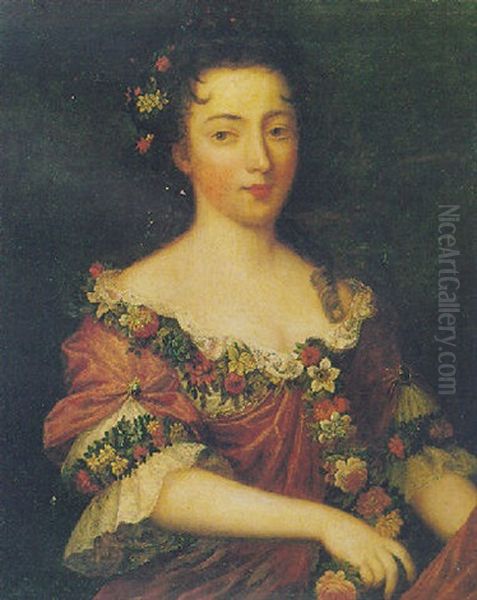 Portrait Of A Lady In A Red Dress With A Garland Of Flowers - view 1