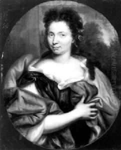 Portrait Of A Noblewoman Standing On A Terrace Wearing A Dress, Chemise And Wrap by Pierre Mignard