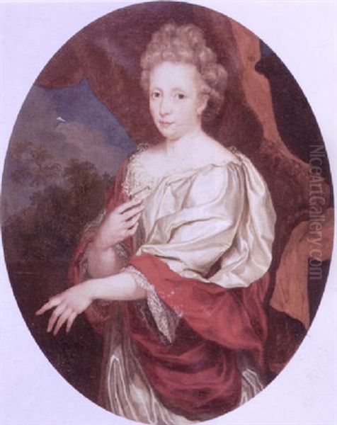 Portrait Of A Lady Wearing A White Silk Dress Trimmed With Lace And A Red Shawl Beneath A Brown Curtain - view 1