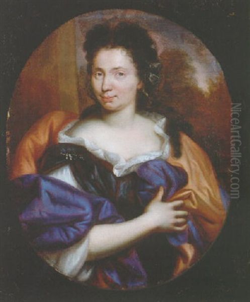 Portrait Of A Noble Woman, Wearing A Dark Green Dress, Lace Chemise And Red Lined Blue Wrap - view 1