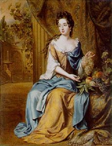 Portrait Of A Noble Woman Seated Small Full Length On A Terrace By A Draped Column, Holding A Bunch Of Grapes by Pierre Mignard