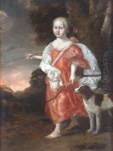 Portrait Of A Girl As Diana, Full Length, With A Dog In A Landscape