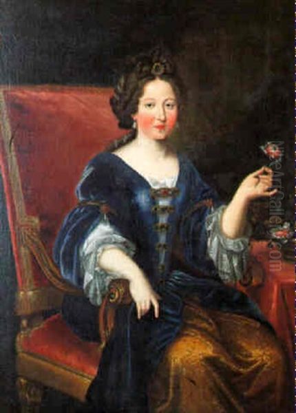 Portrait De Femme Assise En Robe Bleue Tenat Une Fleur - view 1