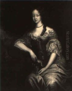 Portrait Of A Lady In An Orange Dress Holding A Spaniel by Pierre Mignard