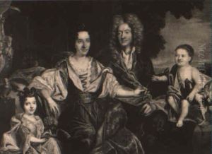 Portrait Of A Family, Father, Mother, Son And Daughter With Parrot And Pup