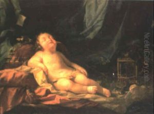 Cupid Sleeping On Cushions With A Birdcage