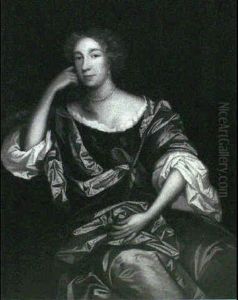 Portrait Of A Lady, Three-quarter Length, In A Blue Dress With A Crimson Wrap And A White Shirt by Pierre Mignard