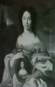 Portrait Of A Lady Holding A Small Oval Portrait by Pierre Mignard