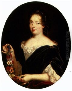 Portrait Of A Lady Holding A Garland Of Flowers by Pierre Mignard