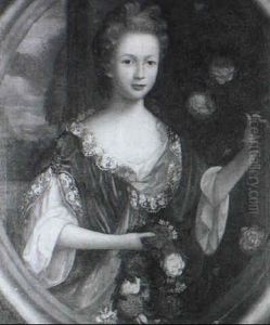 Portrait Of Elizabeth Hawkins, Three-quarter Length, Wearing A Green And Gold Dress Trimmed With Lace, Holding A Portrait Of Elizabeth Hawkins, Three-quarter Length, Wearing A Green And Gold Dress Trimmed With Lace, Holding A