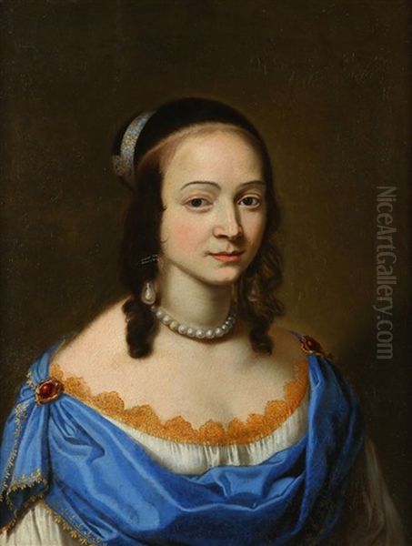 Portrait Of A Lady, Half-length, In A White Dress With Gold Trim And Blue Wrap - view 1