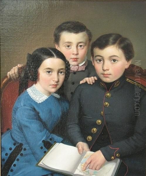 A Group Portrait Of Three Children, Half-length, The Girl Wearing A Blue Dress, The Standing Boy Wearing A Gray Jacket And The Seated Boy Pointing To Egypt On A Map - view 1