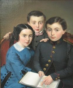 A Group Portrait Of Three Children, Half-length, The Girl Wearing A Blue Dress, The Standing Boy Wearing A Gray Jacket And The Seated Boy Pointing To Egypt On A Map by Albert Bettannier