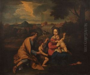 La Sainte Famille Avec Saint Jean-baptiste Dans Un Paysage De La Campagne Romaine by Nicolas Mignard