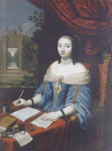Portrait Of A Lady Seated At A Writing Table, Wearing A Blue Dress With A White Sash