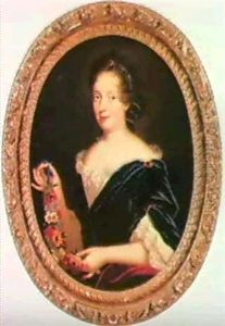 Portraet Af En Dame I Bla Velourkjole Holdende Blomsterranke by Nicolas Mignard