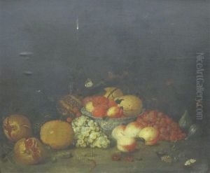 A Still Life Of Pomegranates, Peaches, Grapes And Other Fruit by Abraham Mignon