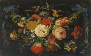 A Hanging Garland Of Flowers And Fruit, Including Roses, Tulips And Raspberries, Along With A Variety Of Insects by Abraham Mignon