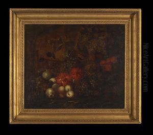 Arrangement With Peonies, Grapes, Pears, Sunflowers And Peaches