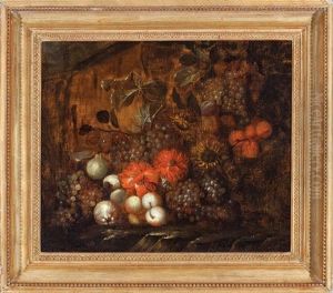 Still Life Of Grapes, Pears, Peaches And Flowers by Abraham Mignon