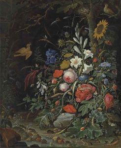 Peonies, Lilies, Roses, Poppies, A Sunflower And Other Flowers On A Forest Floor, With Insects, Snails, Mice And Frogs