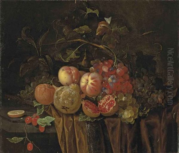 An Open Pomegranate, Peaches, Grapes, Berries, A Pear And Clementines, With Insects On A Partly Draped Stone Ledge - view 1