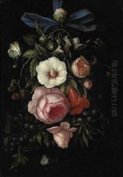 A Garland Of Roses, Blueberries, Strawberries And Other Blooms With Caterpillars, Butterflies And A Ladybug - view 1