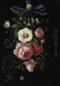 A Garland Of Roses, Blueberries, Strawberries And Other Blooms With Caterpillars, Butterflies And A Ladybug by Abraham Mignon