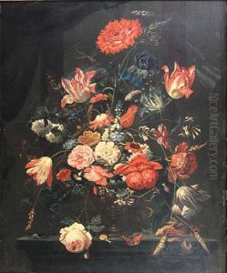Roses, Tulips, Carnations And Other Flowers In A Glass Vase On A Table Top, With A Snail And A Butterfly