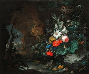 Stilleben Mit Blumen, Echsen, Froschen, Schmetterlingen Und Vogeln In Einer Grotte