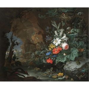 The Interior Of A Grotto With A Rock-pool, Frogs, Salamanders, A Bird's Nest And A Large Bouquet Of Flowers Including Poppies And Lilies, A View Of A Landscape Through The Cave Opening Beyond by Abraham Mignon