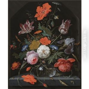 A Still Life With Peonies, Roses, Parrot Tulips, Morning Glory, An Iris And Poppies In A Glass Vase Set Within A Stone Niche And Caterpillars, A Snail, A Bee And A Cockchafer On The Ledge Below by Abraham Mignon
