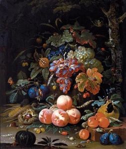 A Still Life Of Red And White Grapes In A Basket, Peaches, Plums, Chestnuts, An Ear Of Corn And Gooseberries Resting On A Forest Floor, With Snails, Butterflies, A Caterpillar, Wasp And Other Insects by Abraham Mignon