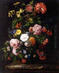 Roses, Morning Glory, Chrysanthemums And Other Flowers In A Glass Vase On A Stone Ledge