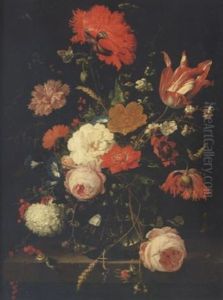 A Still Life Of Roses, Poppies, A Parrot Tulip, Convolvulus, A Carnation, Blackberries, Redcurrants, Corn, Parsley And Other Flowers In A Glass Vase On A Stone Ledge Surrounded By Insects