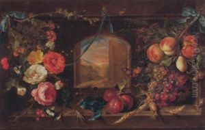 Blumen- Und Fruchtegebinde Vor Einem Fenster Mit Ausblick Auf Eine Landschaft