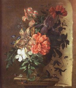 Vase De Fleurs Et Insectes Sur Un Entablement