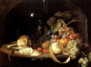 Still Life In A Niche With Fruit, Nuts, Oyster, Wine Goblet And Fluted Glass by Abraham Mignon