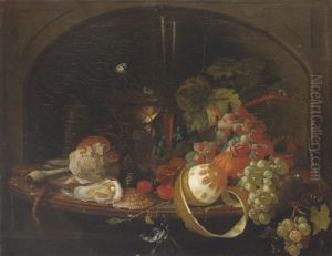Still Life Of A Peeled Lemon, Grapes, An Orange, Cherries And Walnuts Together With A Roemer, Bread Roll, Oysters, A Clay Pipe And A Taper On A Wooden Leaf by Abraham Mignon