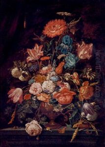 Roses, Carnations, Parrot Tulips, Narcissi And Other Flowers In An Urn On A Ledge, With A Snail, Butterfly And Dragonfly, Before A Curtain